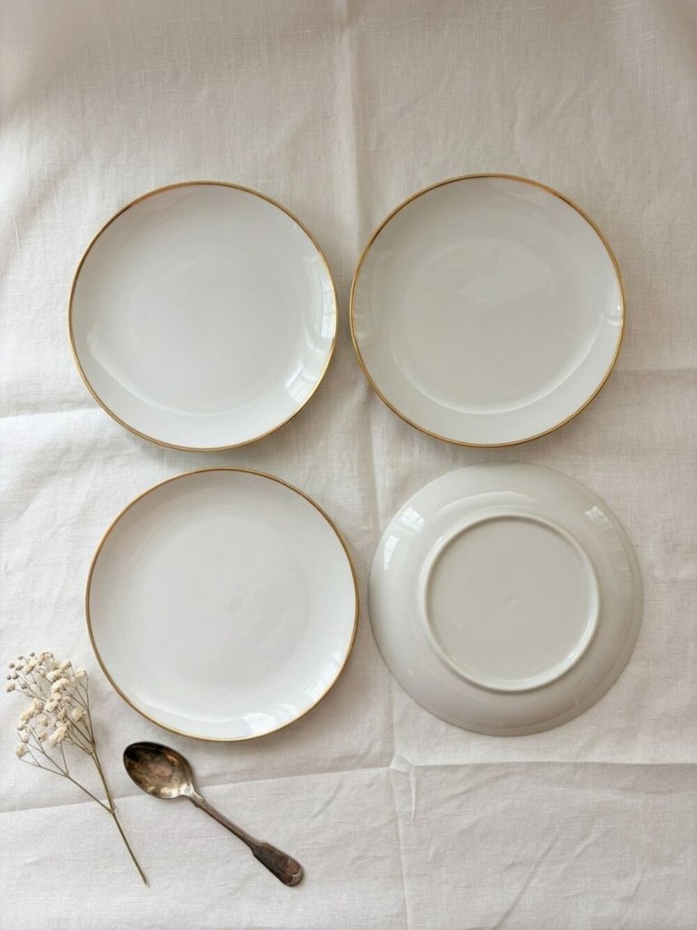 Set of 4 White Porcelain Saucers with Gold Rim 6.25” Cottagecore MCM Minimalist